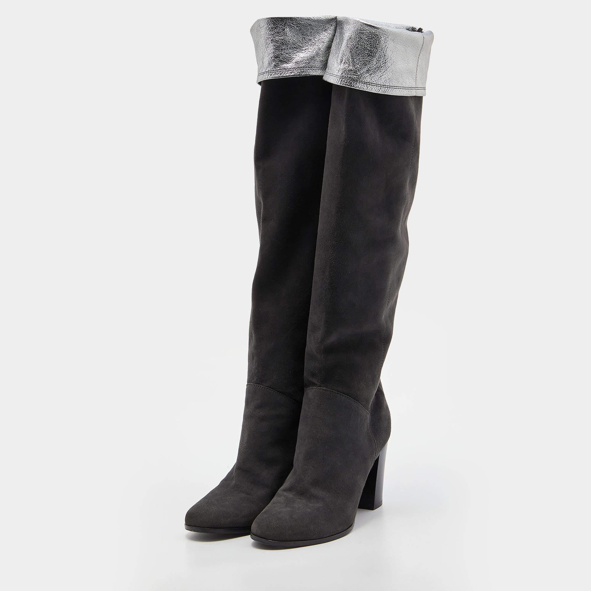 Chanel Grey Suede and Leather Knee Length Boots Size 38.5 In Good Condition In Dubai, Al Qouz 2