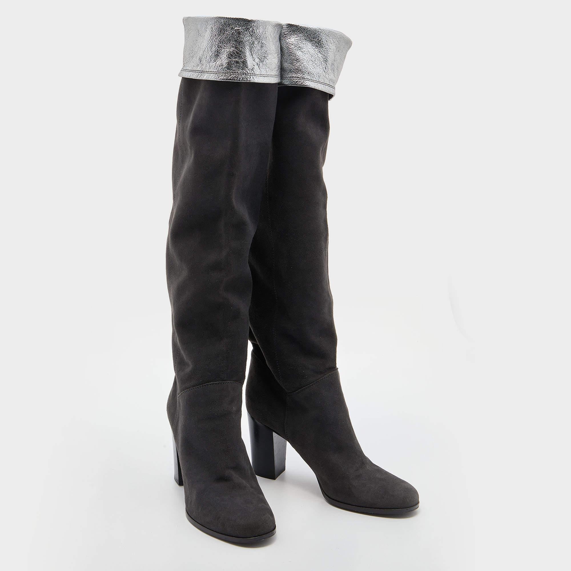Women's Chanel Grey Suede and Leather Knee Length Boots Size 38.5