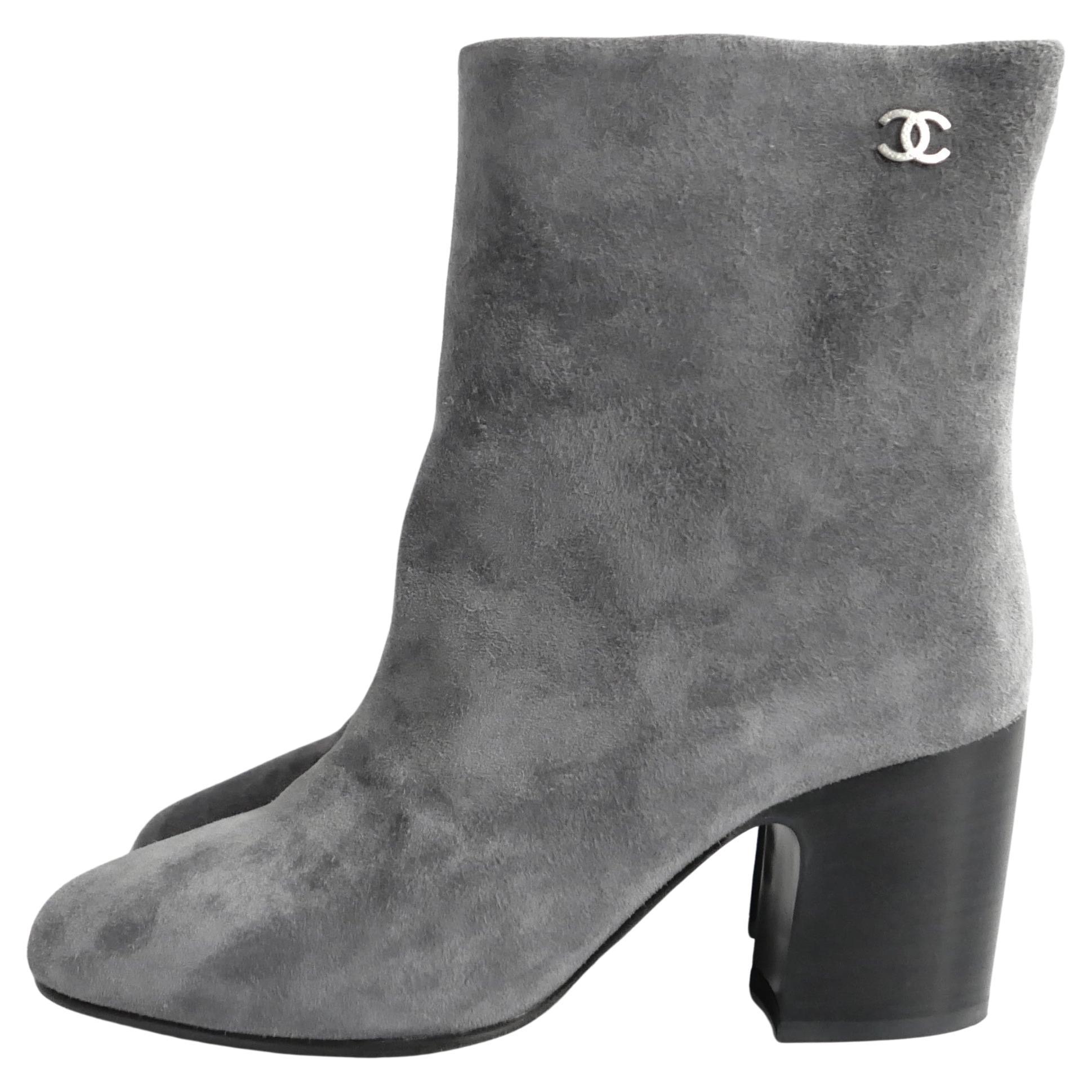 Chanel Grey Suede Ankle Boots