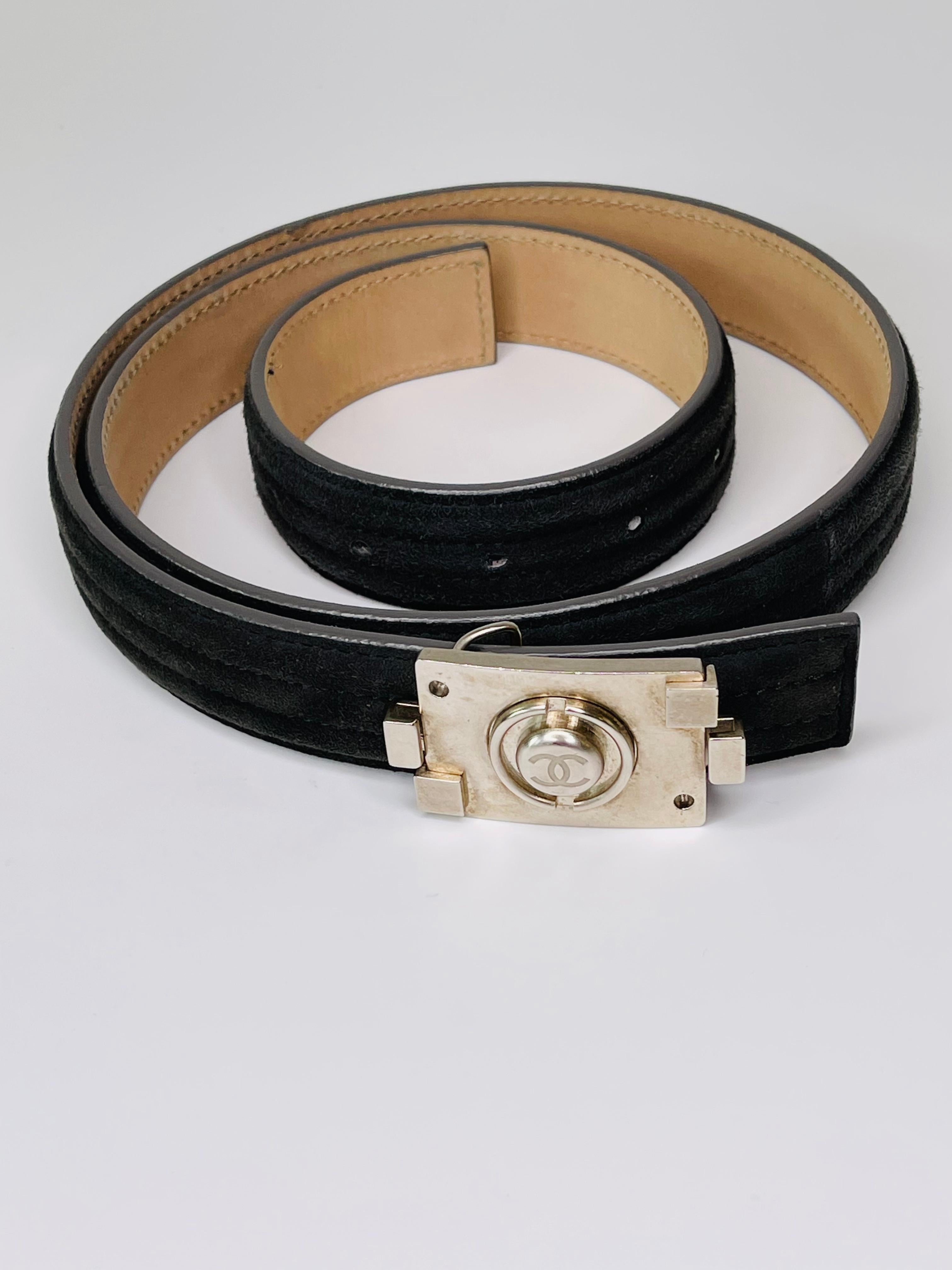 From the Pre-Fall 2012 Collection. Grey quilted suede Chanel Boy belt with silver-tone hardware, interlocking CC buckle and peg-in-hole closure.

COLOR: Grey
MATERIAL: Suede
ITEM CODE: B12-A
MEASURES: L 40” x W 1”
SIZE: 95/38
CONDITION: Fair