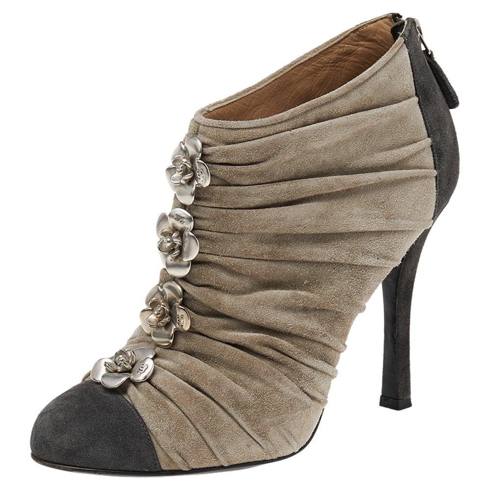 Chanel Grey Suede Cap Toe Camellia Flower Booties Size 38 For Sale