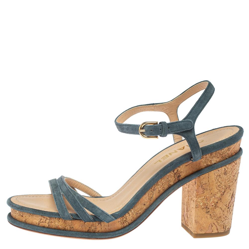 Women's Chanel Grey Suede Leather Ankle Strap Cork Platform Sandals Size 40