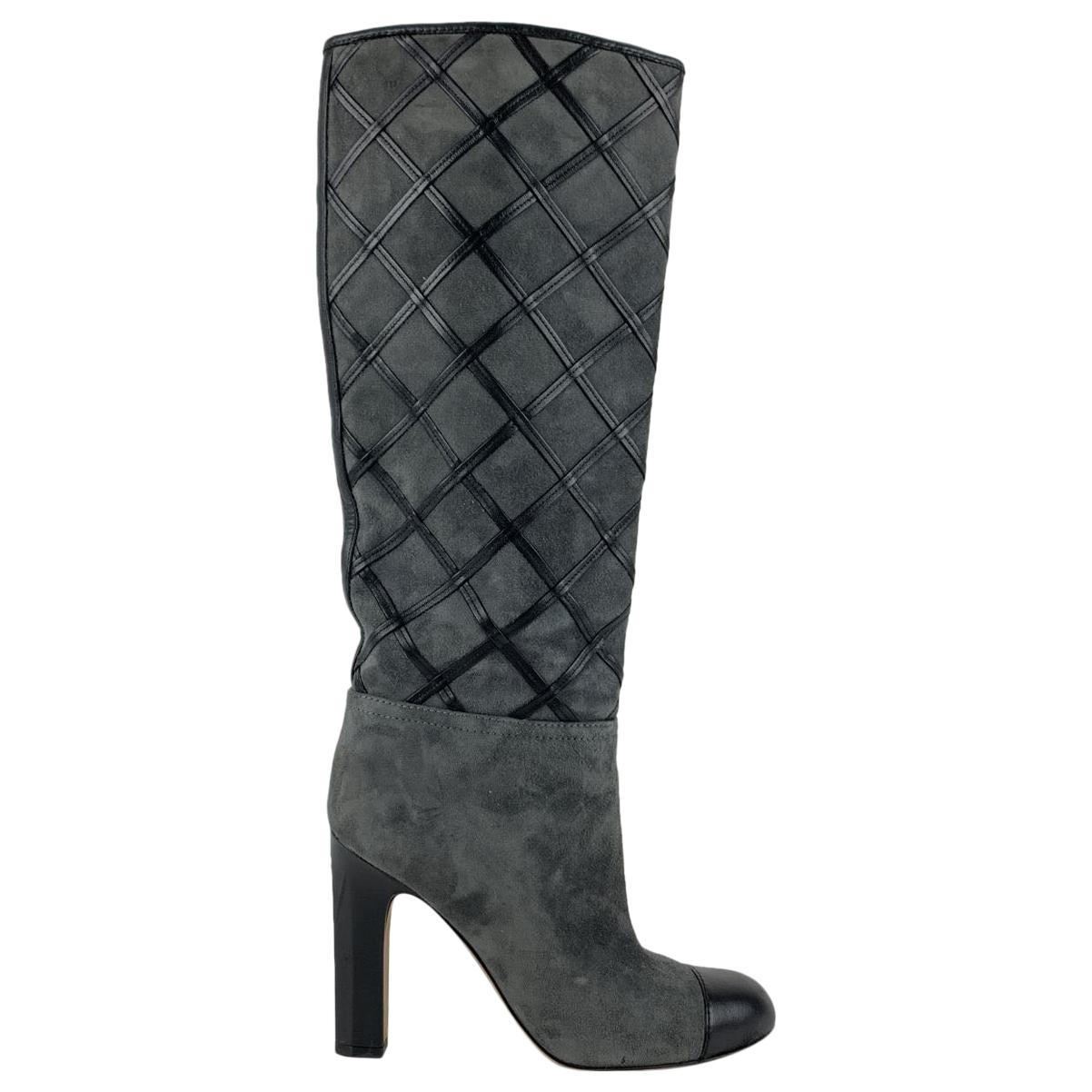 Chanel Grey Suede Quilted Knee High Boots Size 36 C