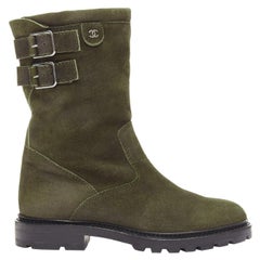 CHANEL grey suede silver CC logo buckles panelled tall motorcycle boots EU37.5
