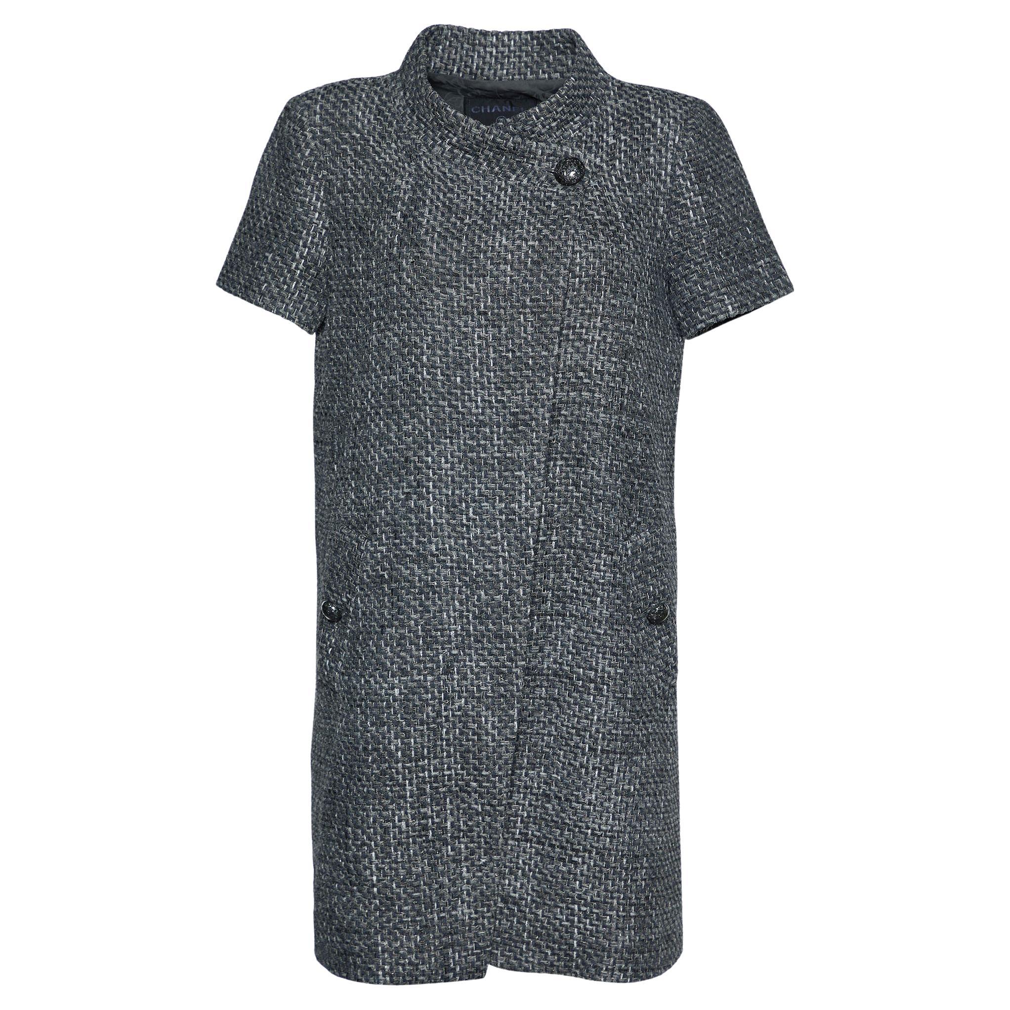 Chanel Grey Textured Double Breasted Short Sleeve Coat M