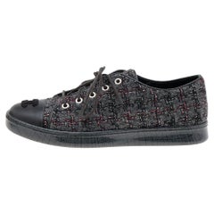 Chanel Grey Tweed And Leather CC Cap Toe Low Top Sneakers Size 38