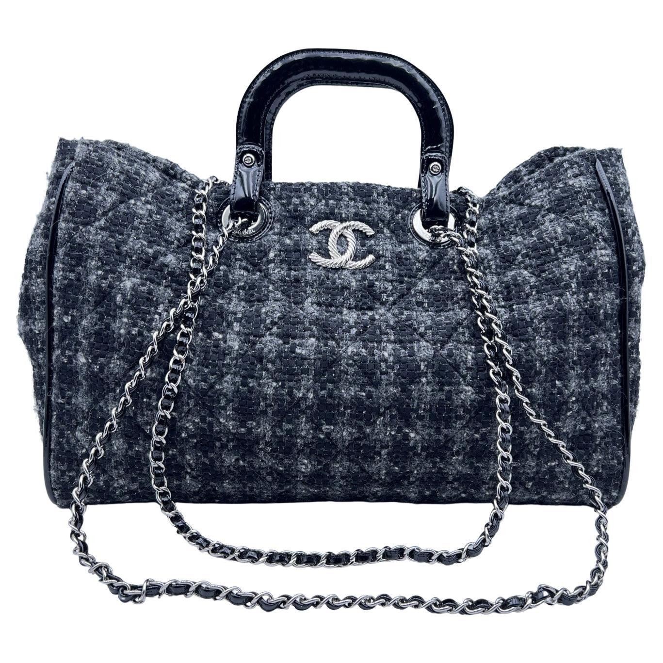 Chanel Grey Tweed and Patent Leather Tote Shoulder Bag