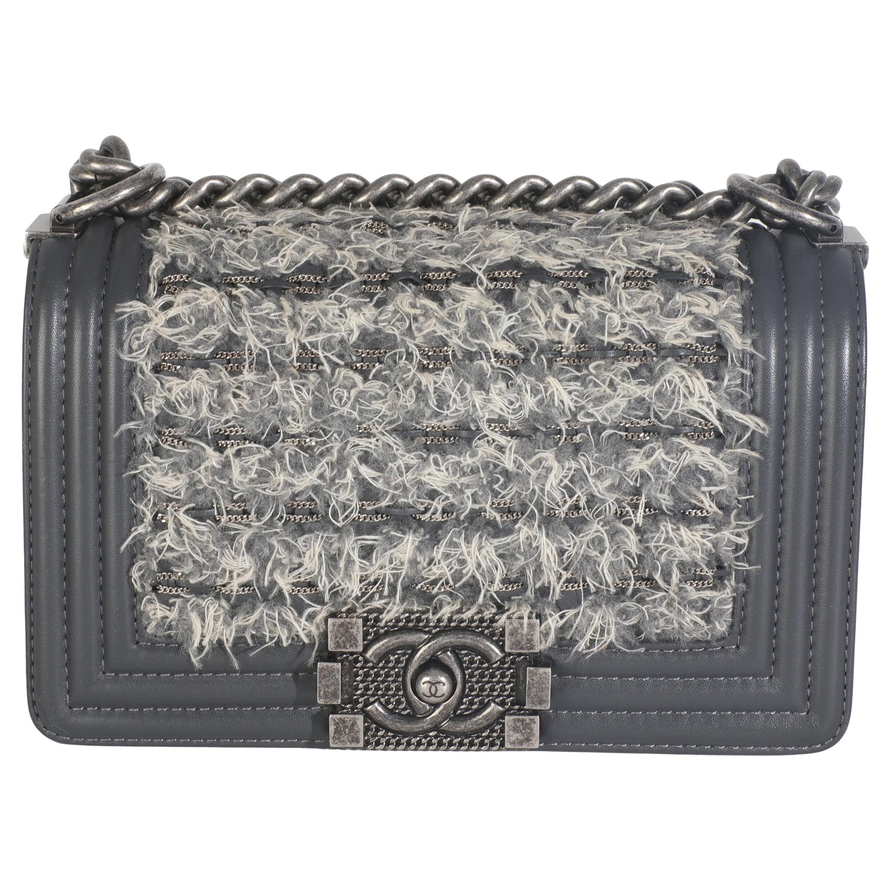 Chanel Grey Tweed Black Calfskin Small Boy Bag