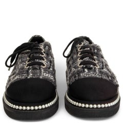 CHANEL grey TWEED & PEARL EMBELLISHED Derby Flats Shoes 38.5