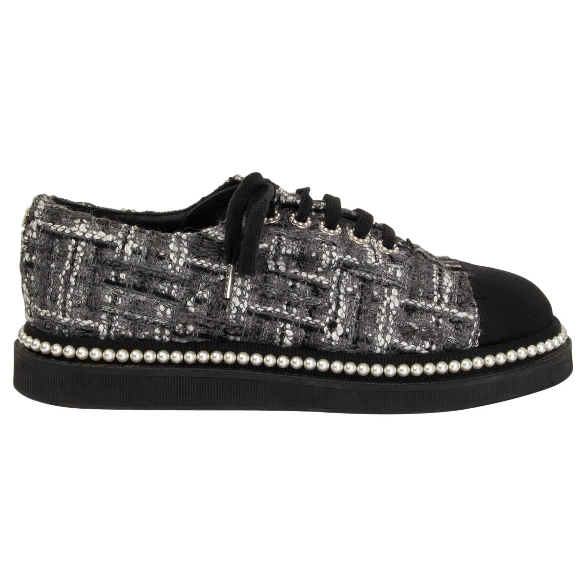CHANEL grey TWEED & PEARL EMBELLISHED Derby Flats Shoes 38.5