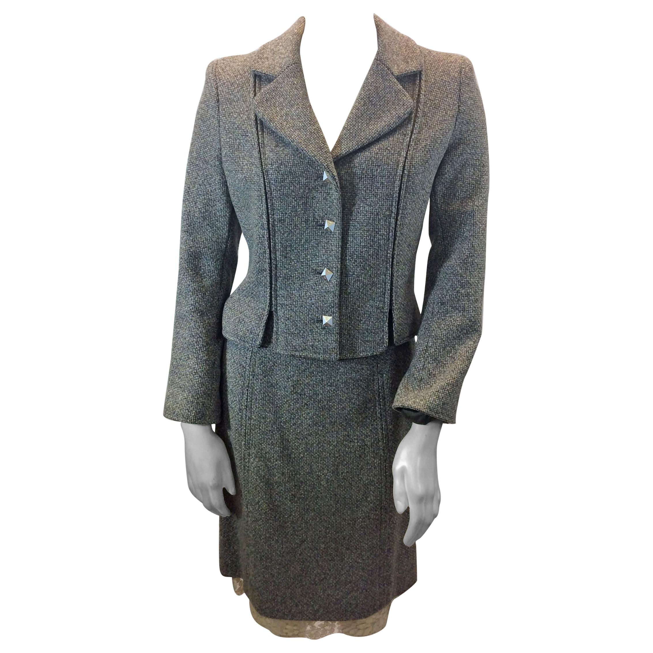 Chanel Grey Tweed Two Piece Skirt Suit