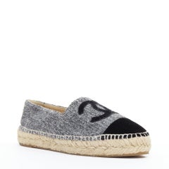 CHANEL grey tweed velvet CC logo toe cap espadrille shoes EU38