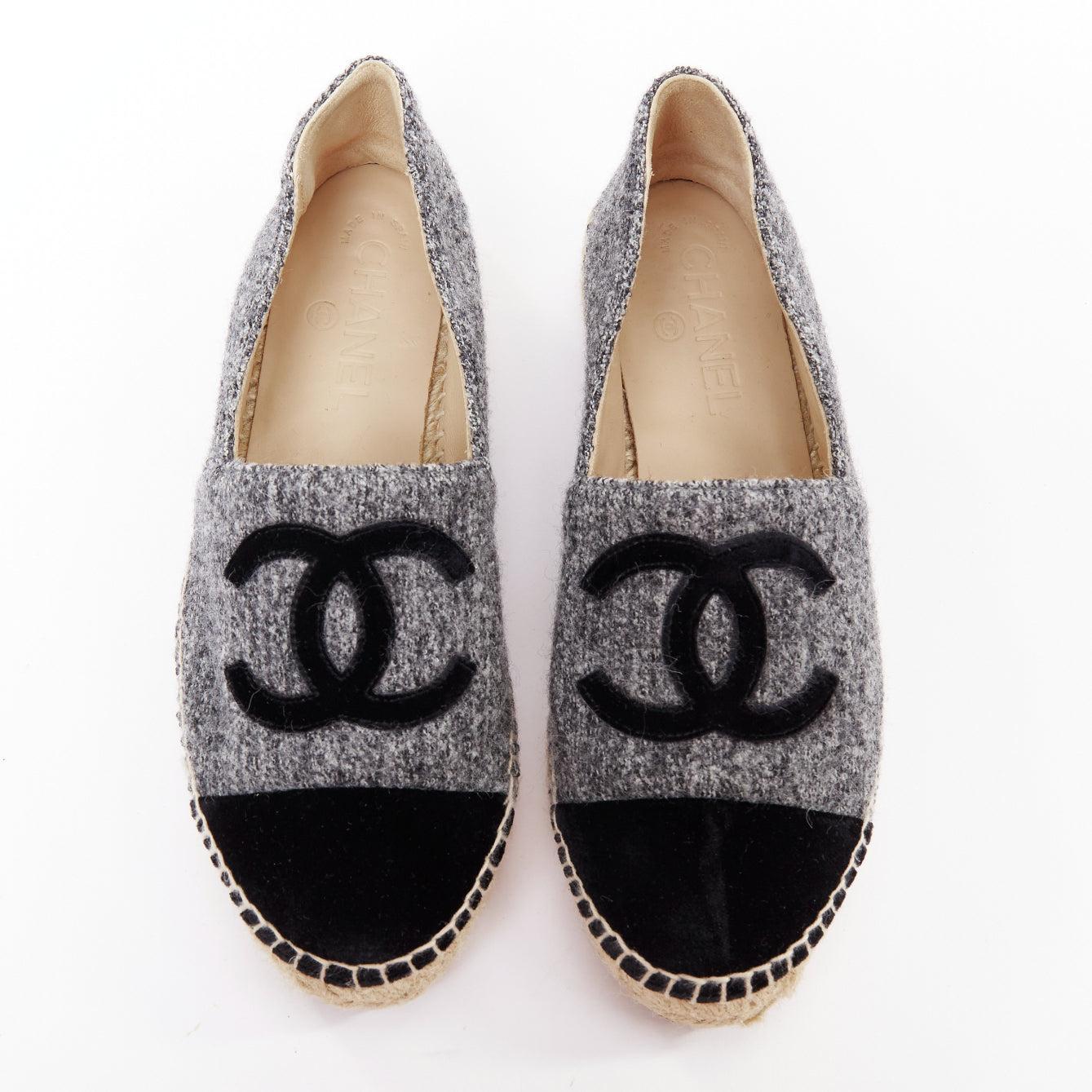 Gray CHANEL grey tweed velvet CC logo toe cap espadrille shoes EU38 For Sale
