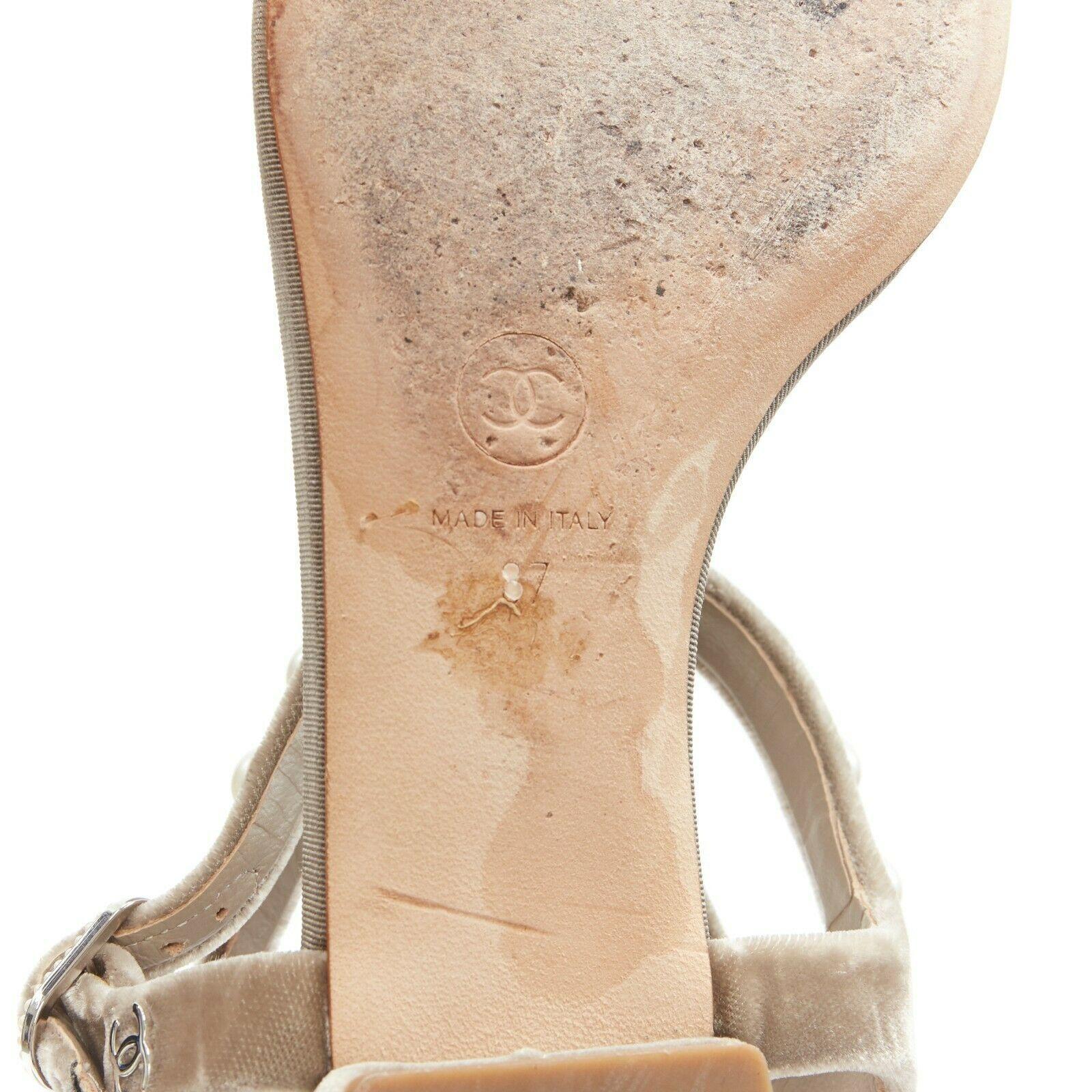 CHANEL grey velvet faux pearl embellished dual buckle strap thong sandals EU37 4