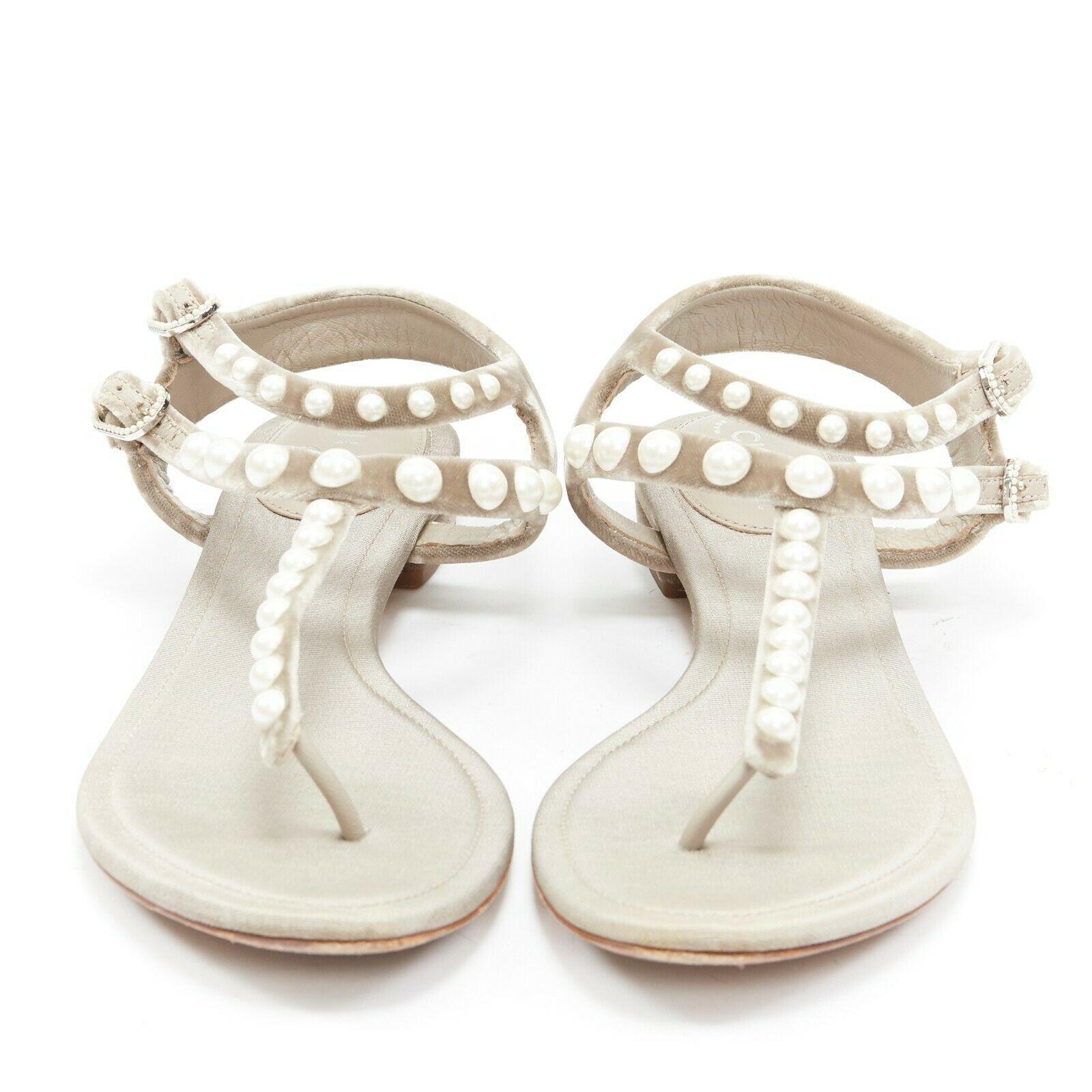 Beige CHANEL grey velvet faux pearl embellished dual buckle strap thong sandals EU37