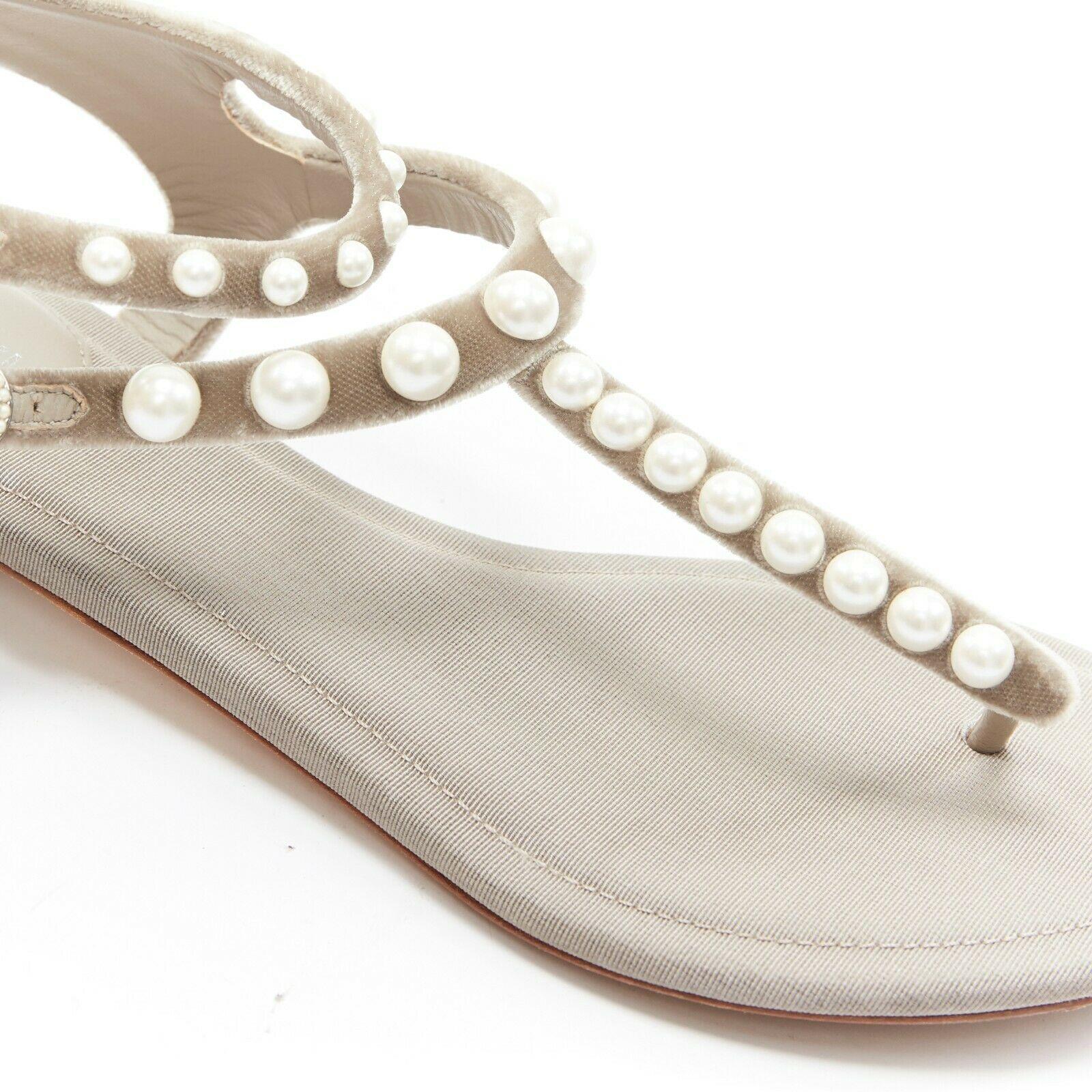 CHANEL grey velvet faux pearl embellished dual buckle strap thong sandals EU37 2