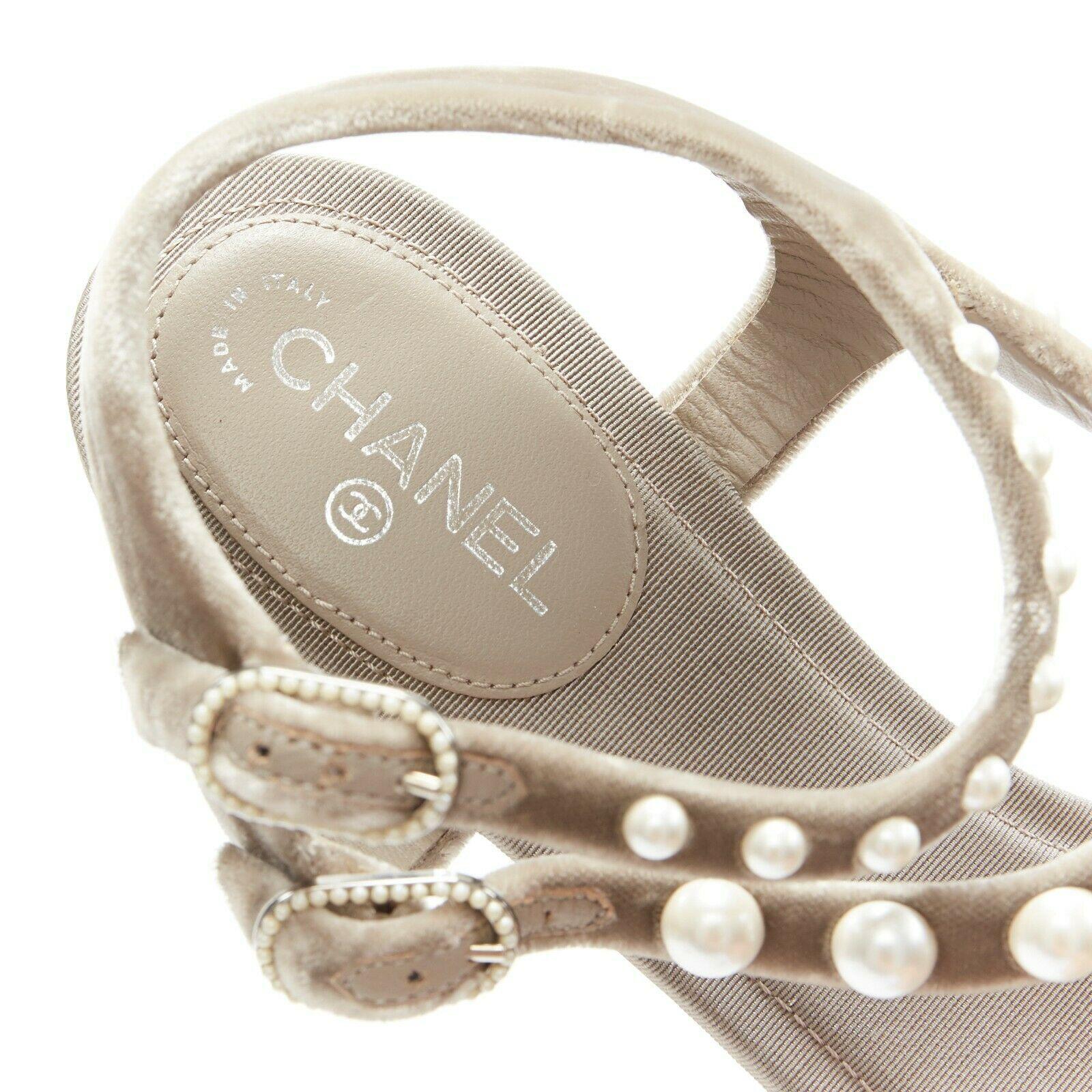 CHANEL grey velvet faux pearl embellished dual buckle strap thong sandals EU37 3