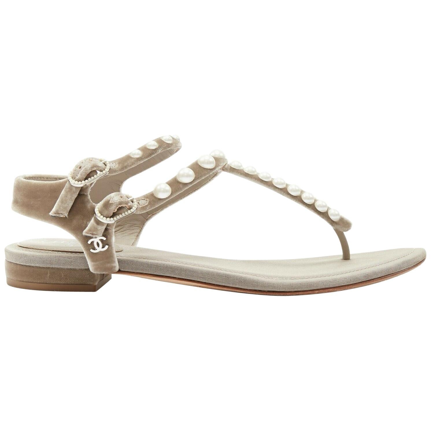 CHANEL grey velvet faux pearl embellished dual buckle strap thong sandals EU37