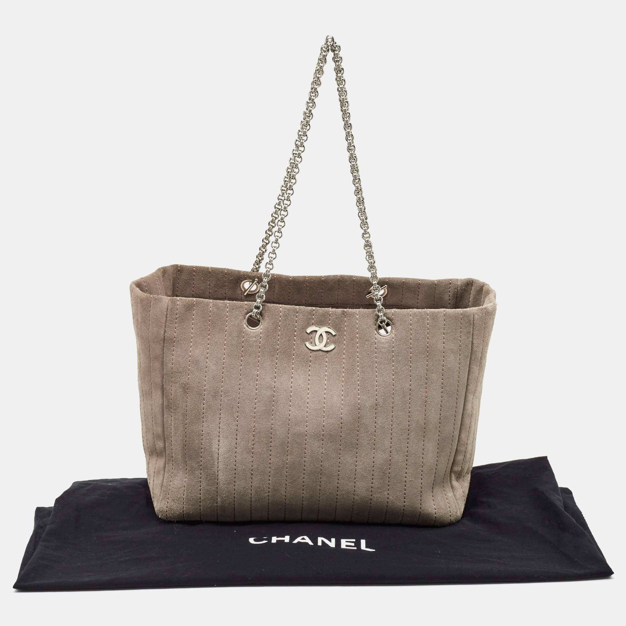 Chanel Grey Vertical Quilted Suede Large Mademoiselle Tote For Sale 4