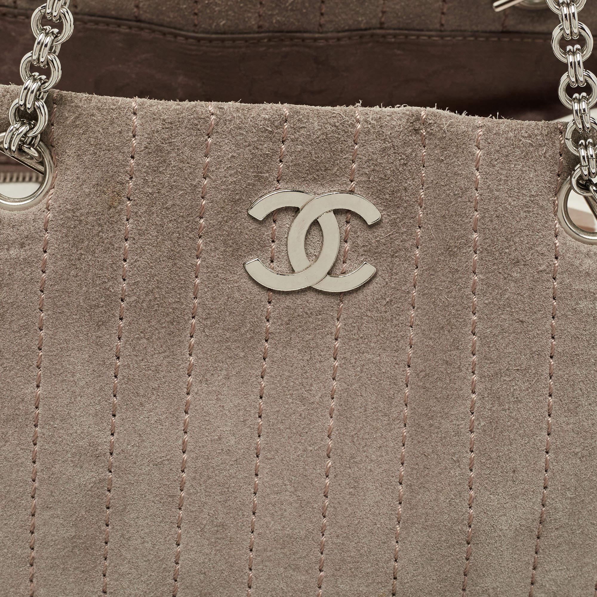 Chanel Grey Vertical Quilted Suede Large Mademoiselle Tote For Sale 5