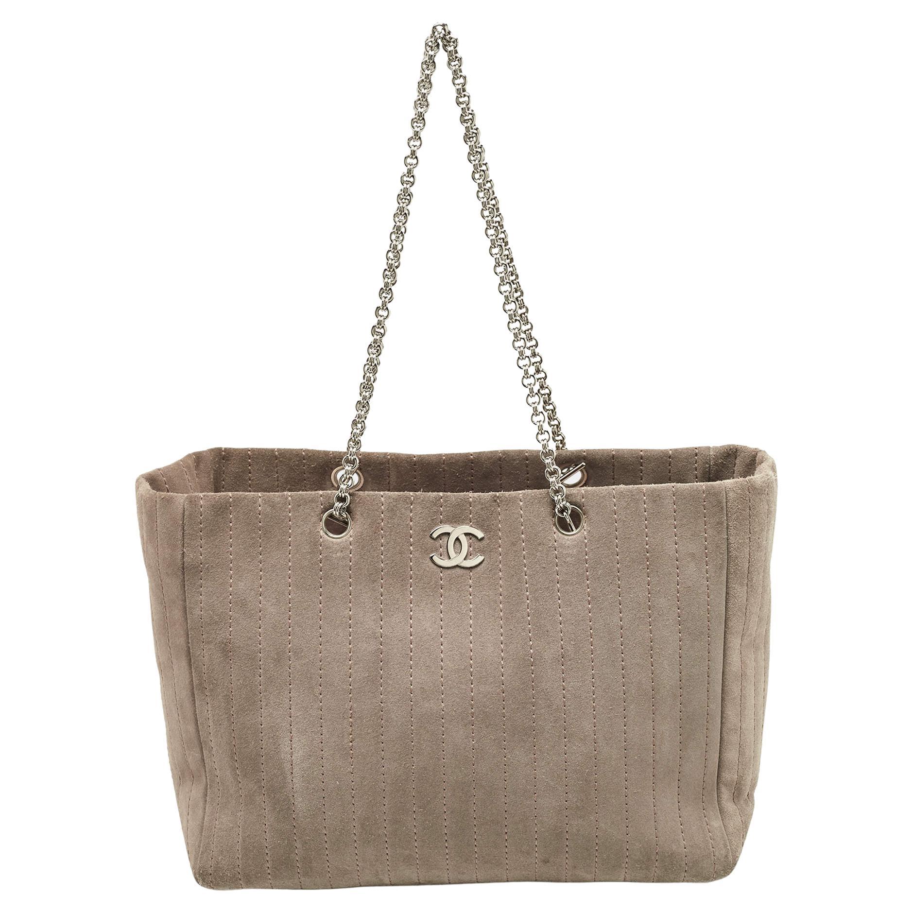 Chanel Grey Vertical Quilted Suede Large Mademoiselle Tote For Sale