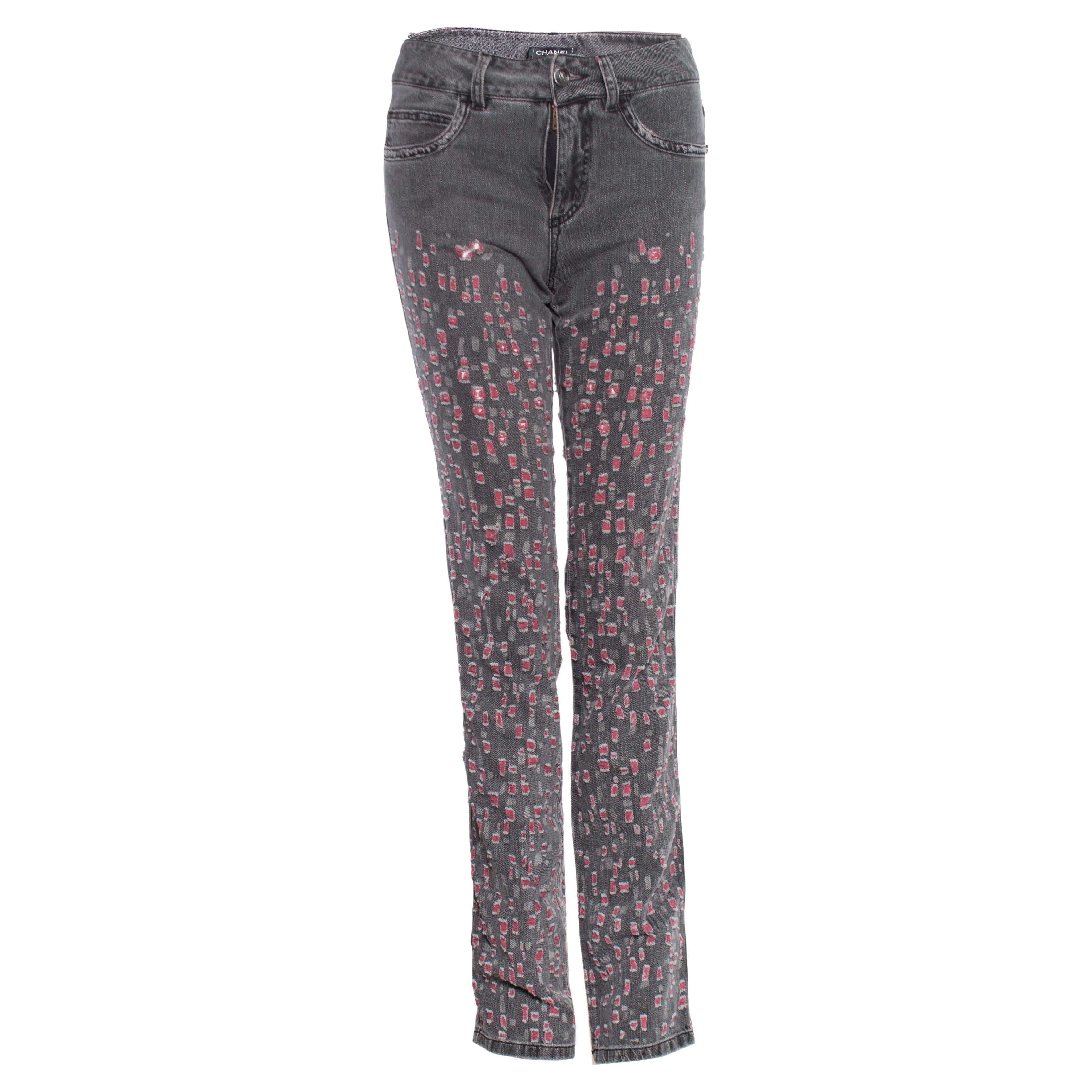 Chanel, Grey washout jeans with pink teared details