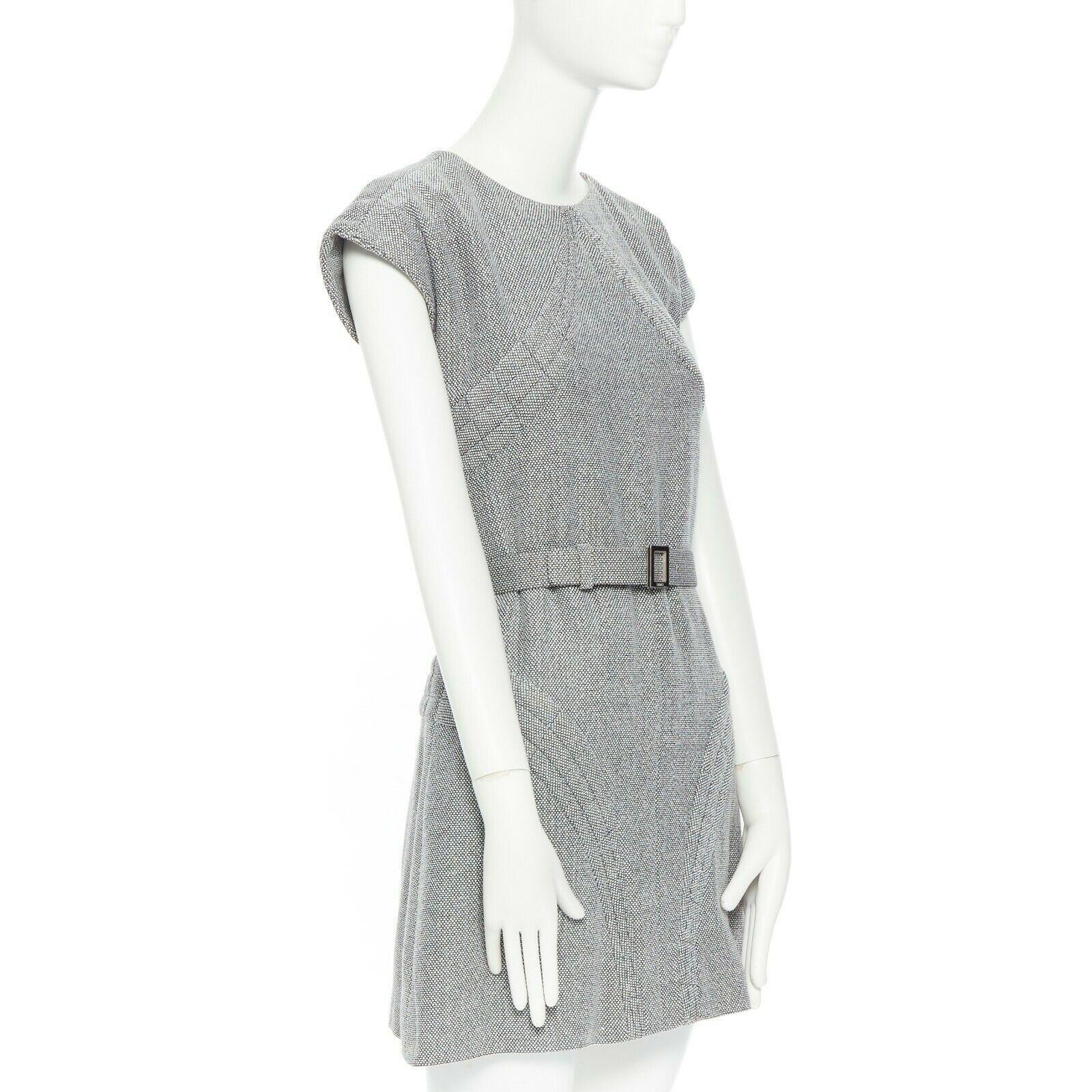 Gray CHANEL grey white black quilted tweed cap sleeves belted bell dress FR34 XS