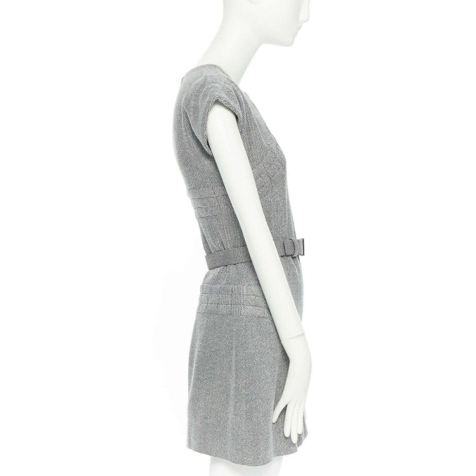 CHANEL grey white black quilted tweed cap sleeves belted bell dress FR34 XS In Excellent Condition In Hong Kong, NT