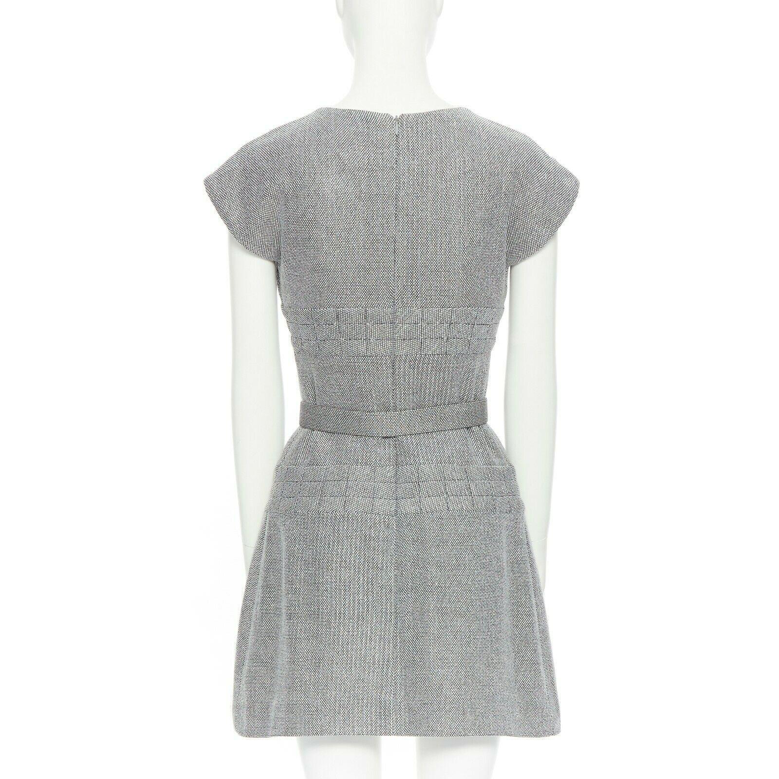 Women's CHANEL grey white black quilted tweed cap sleeves belted bell dress FR34 XS