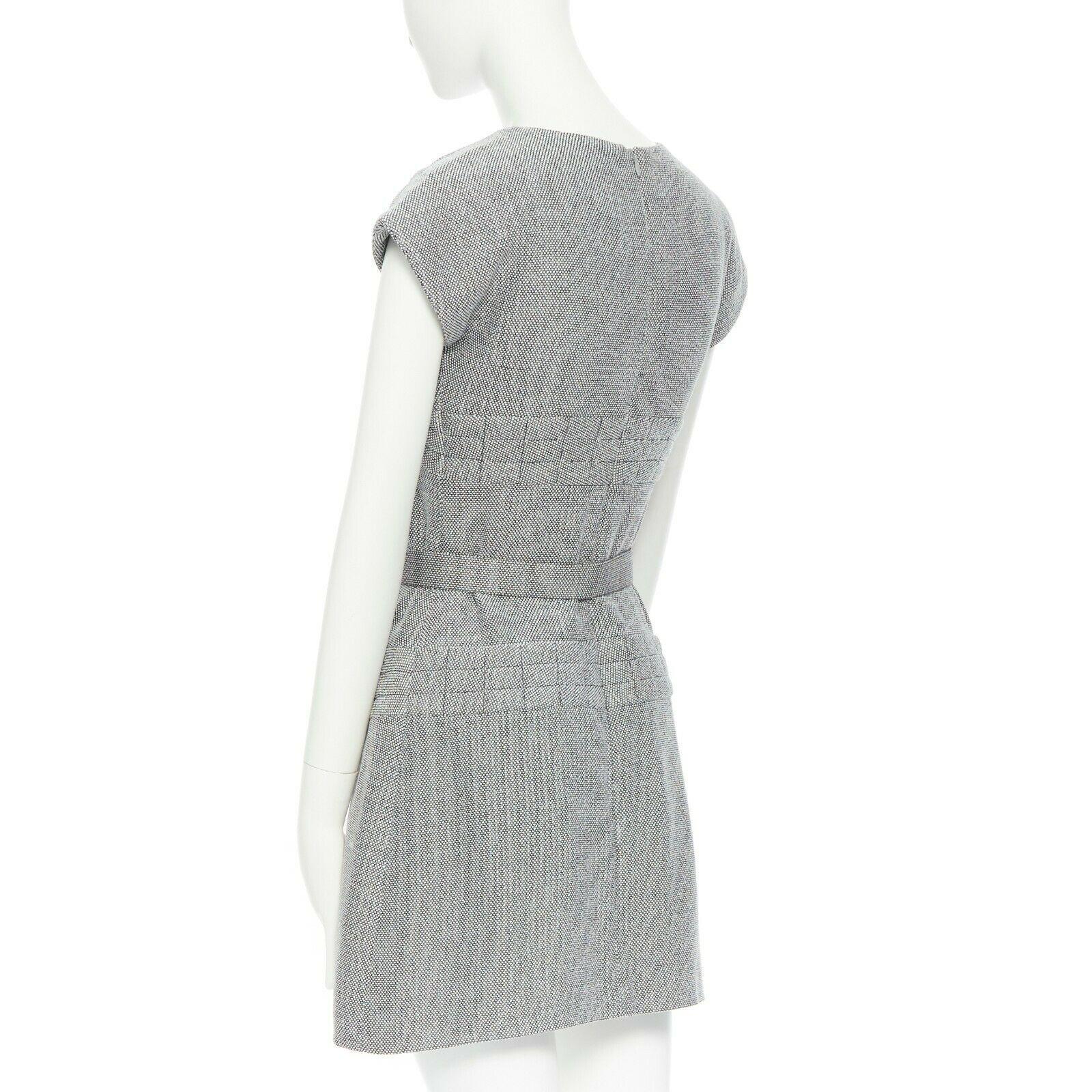 CHANEL grey white black quilted tweed cap sleeves belted bell dress FR34 XS 1