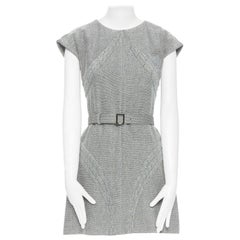 CHANEL grey white black quilted tweed cap sleeves belted bell dress FR34 XS