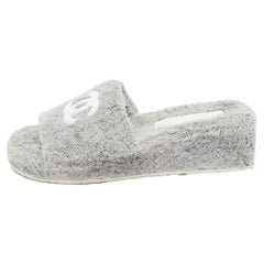 Chanel Grey/White Fabric CC Platform Slides Size 37