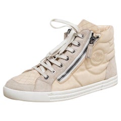 Chanel Grey/White Suede Canvas CC Double Zip High Top Sneakers Size 39.5