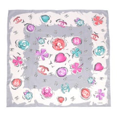 Chanel Grey, White, Teal, Pink & Coral Silk Carmellia Scarf