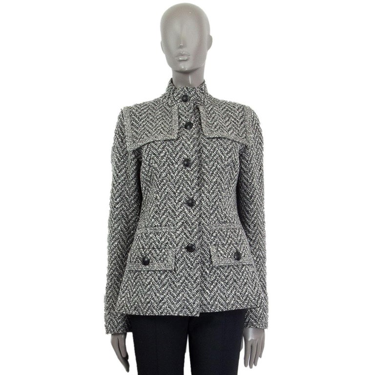 CHANEL grey wool blend Herringbone Knit Jacket 42 L 08A at 1stDibs