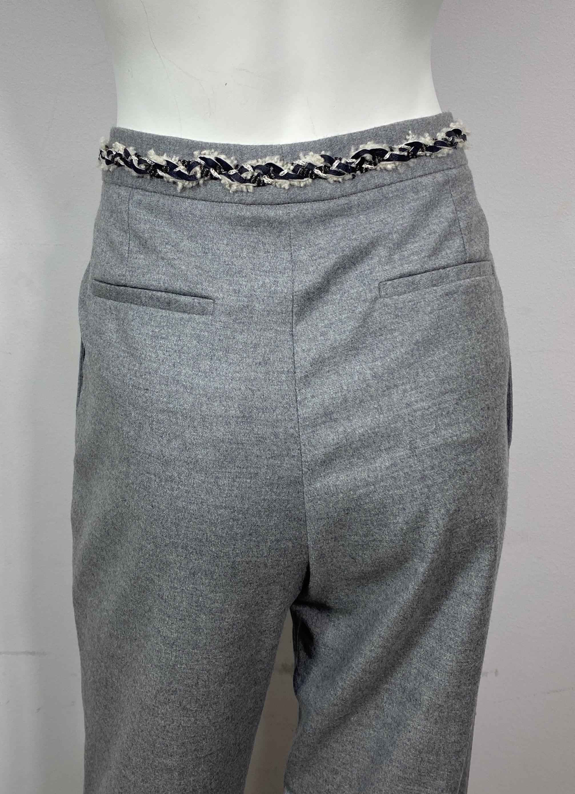 Chanel Grey Wool Wide Leg Pants-Size 42 For Sale 6