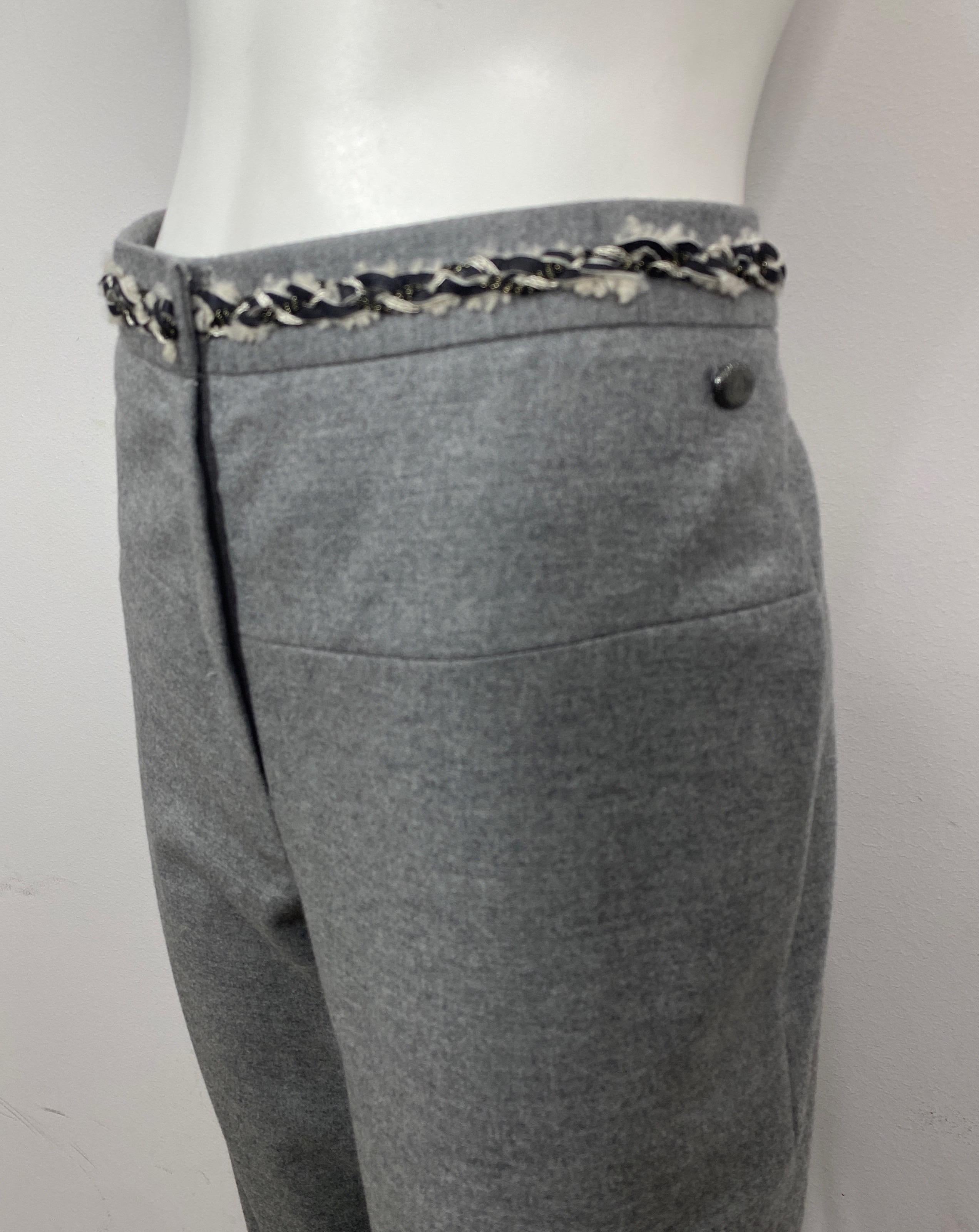 Chanel Grey Wool Wide Leg Pants-Size 42 For Sale 1