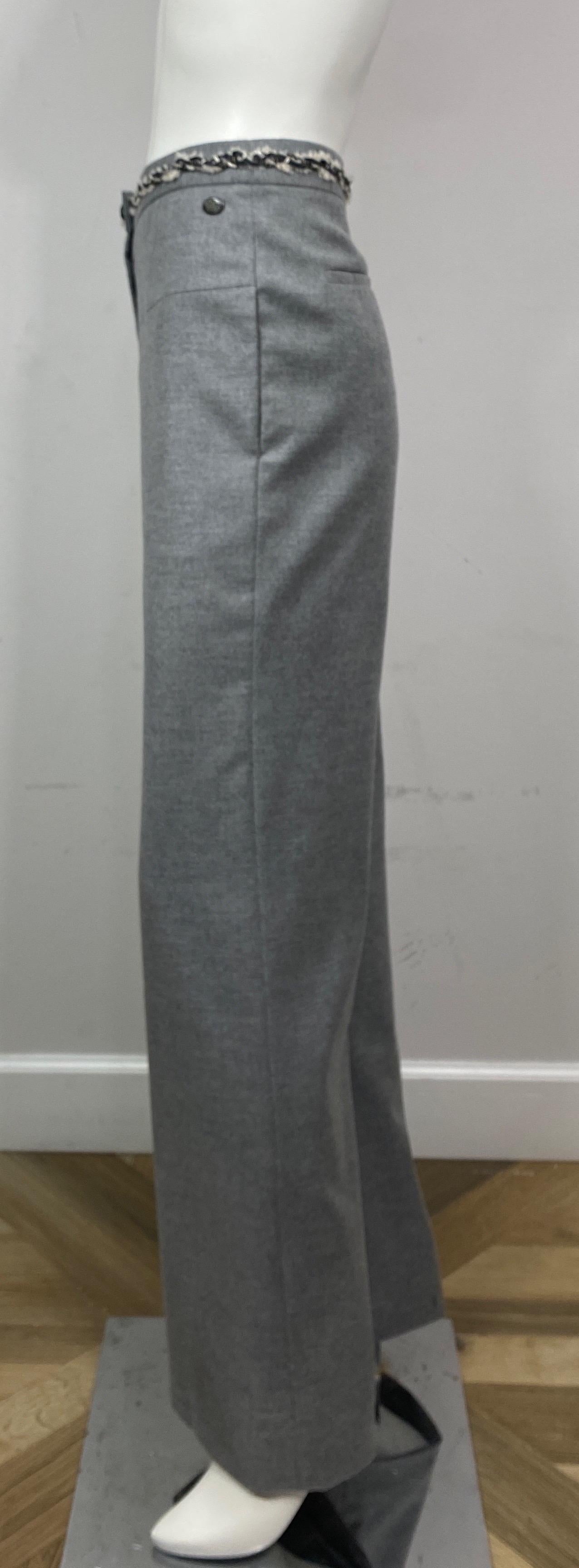 Chanel Grey Wool Wide Leg Pants-Size 42 For Sale 2