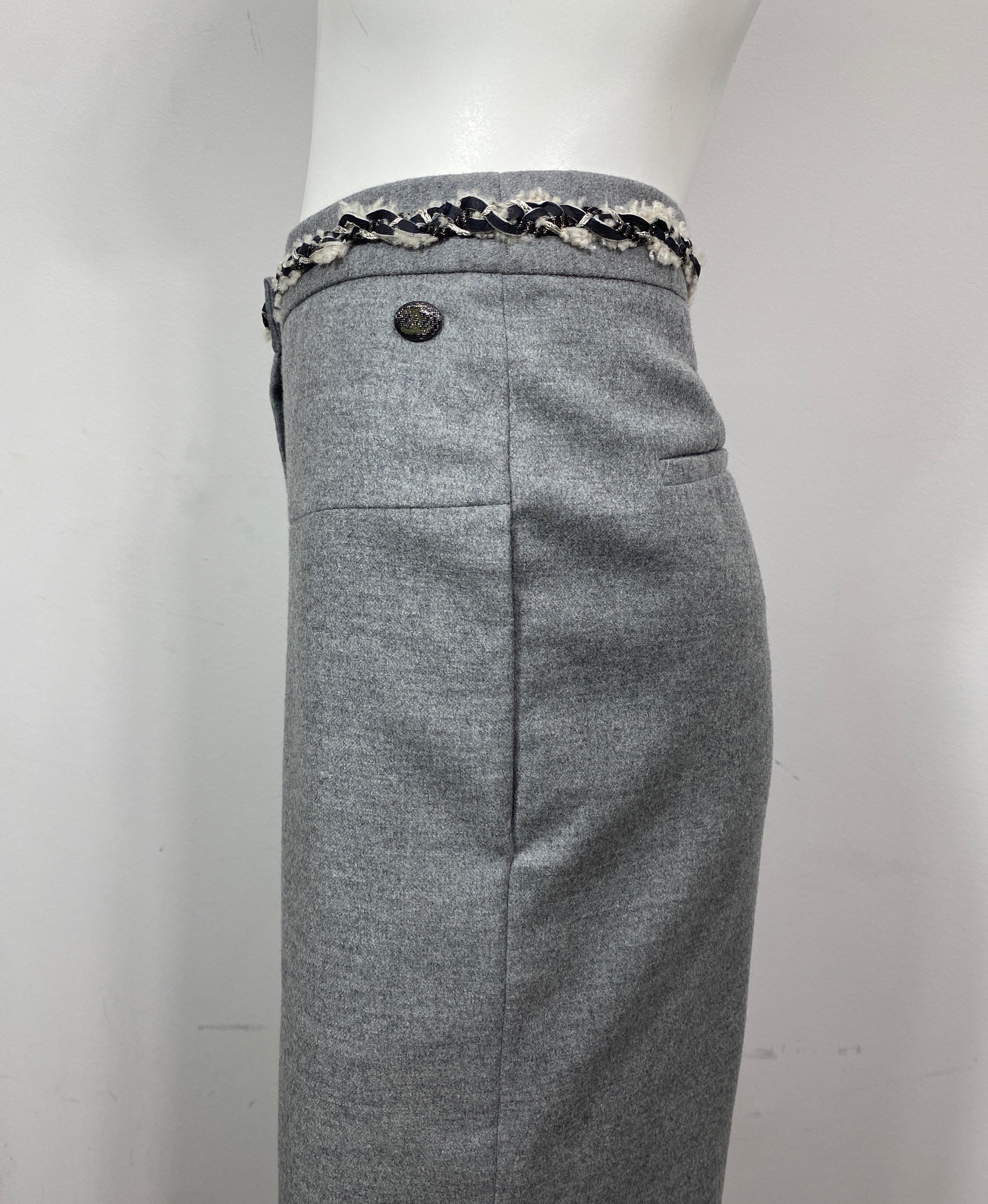 Chanel Grey Wool Wide Leg Pants-Size 42 For Sale 3