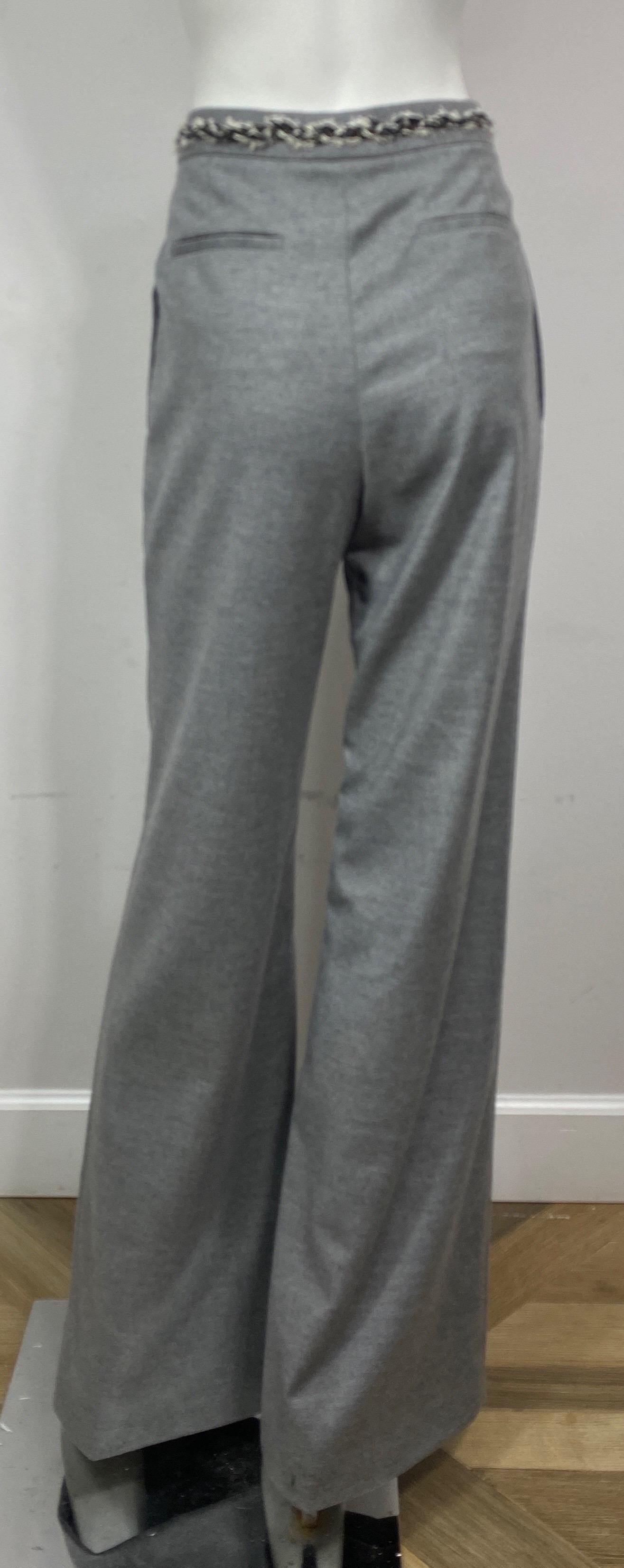 Chanel Grey Wool Wide Leg Pants-Size 42 For Sale 5