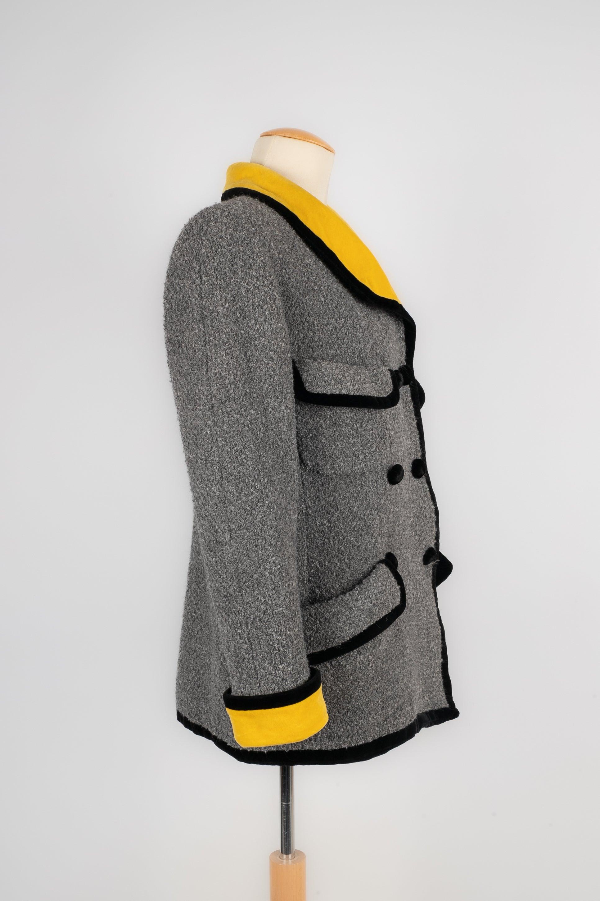 Women's Chanel Grey Woolen Jacket with Yellow and Black Velvet