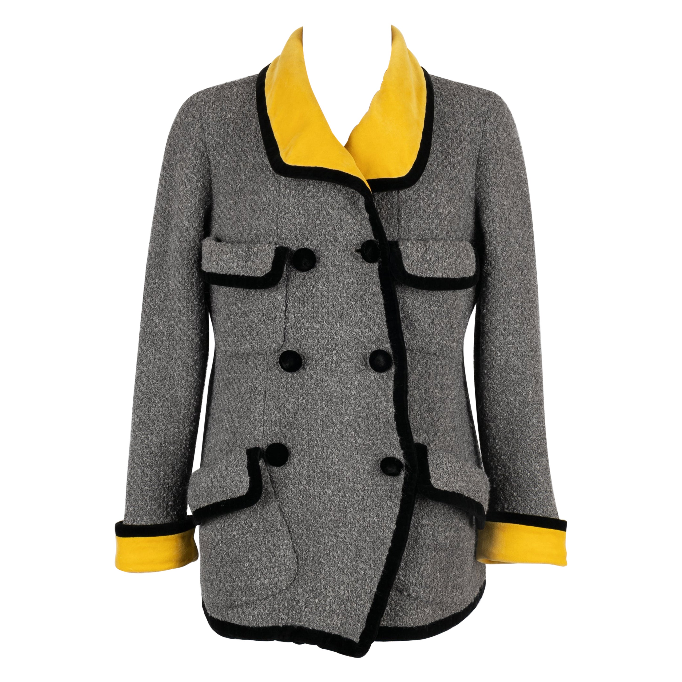 Chanel Grey Woolen Jacket with Yellow and Black Velvet