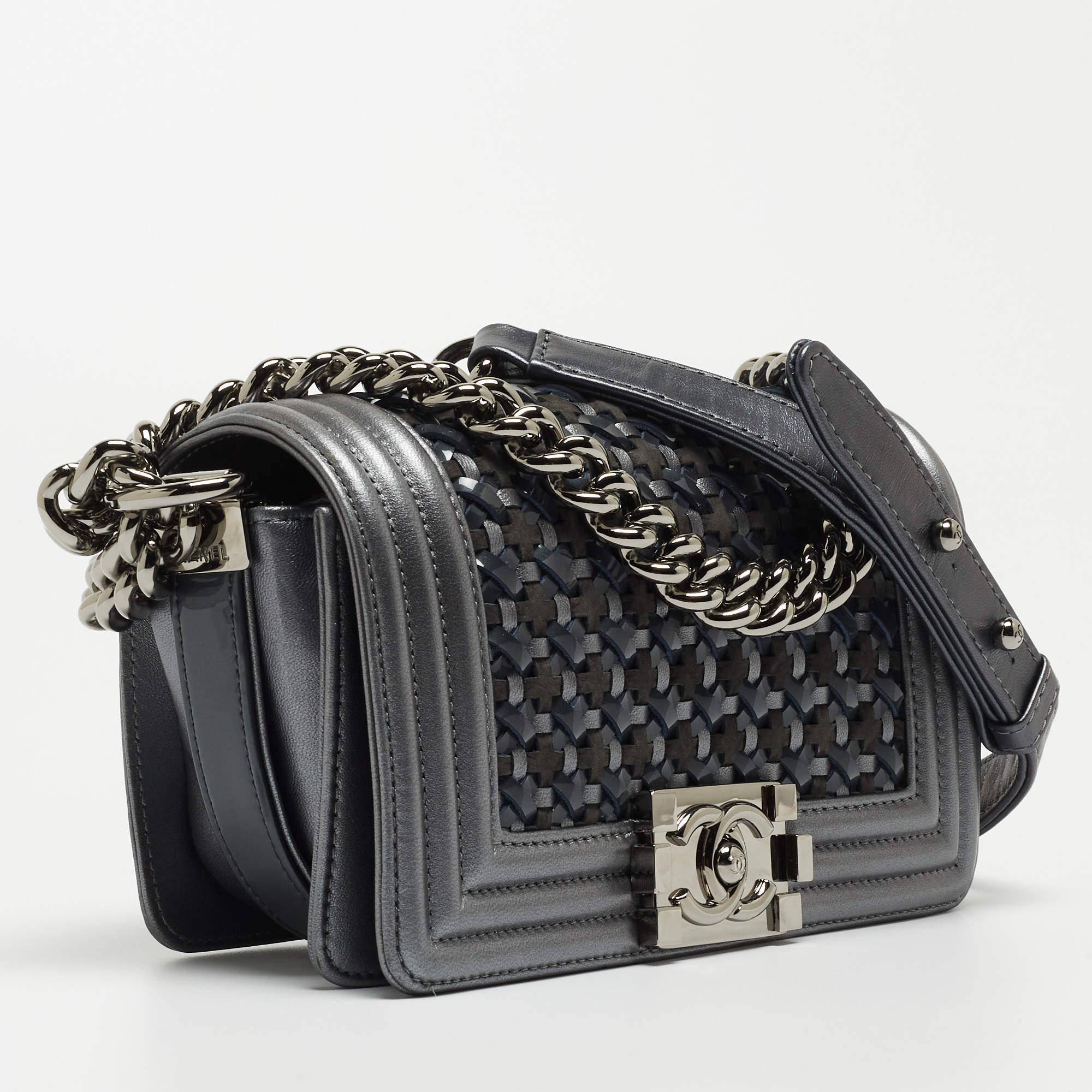 Women's Chanel Grey Woven Patent, Suede and Leather Small Boy Bag