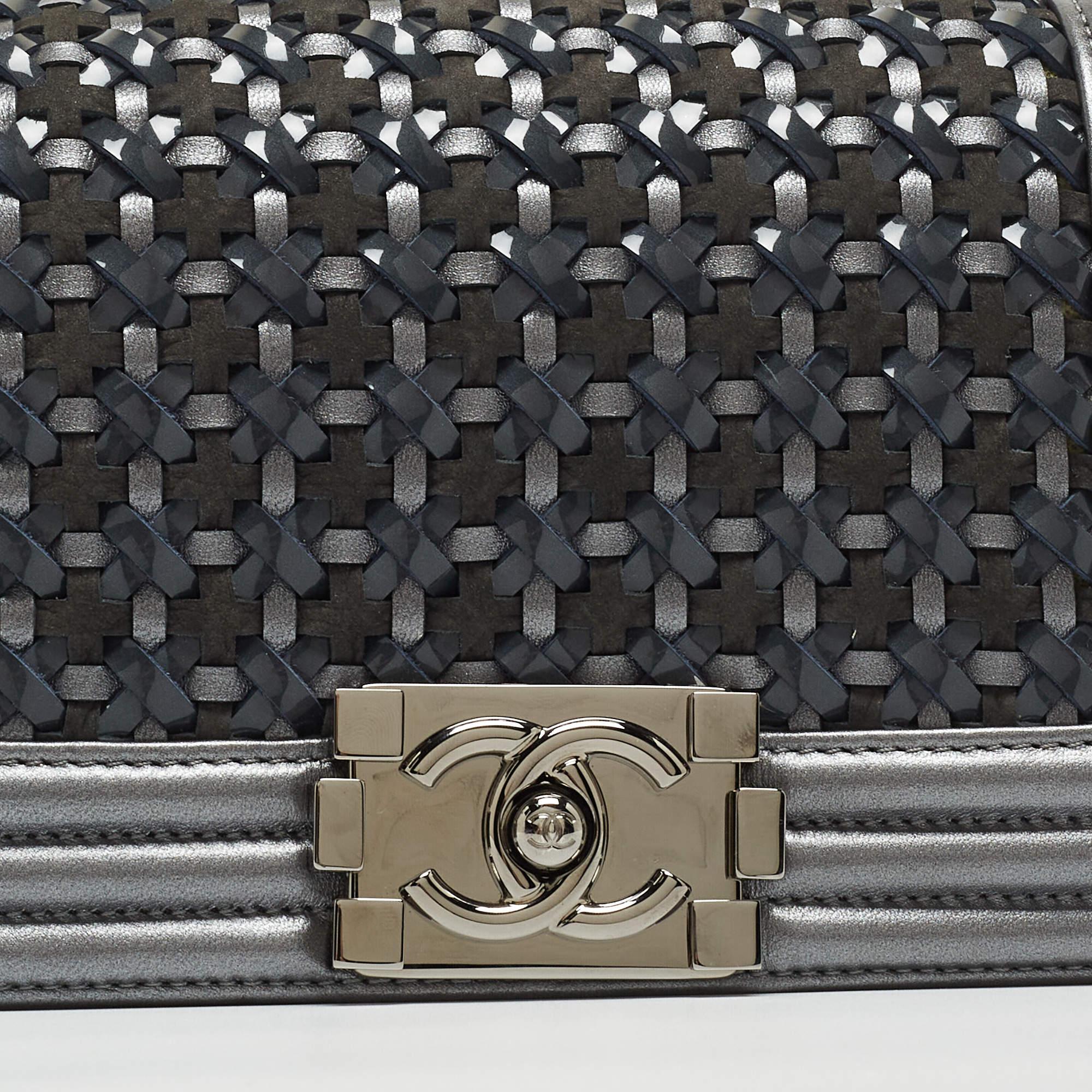 Chanel Grey Woven Patent, Suede and Leather Small Boy Bag 4