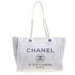 Used Chanel Grey Woven Straw Raffia Medium Deauville Tote