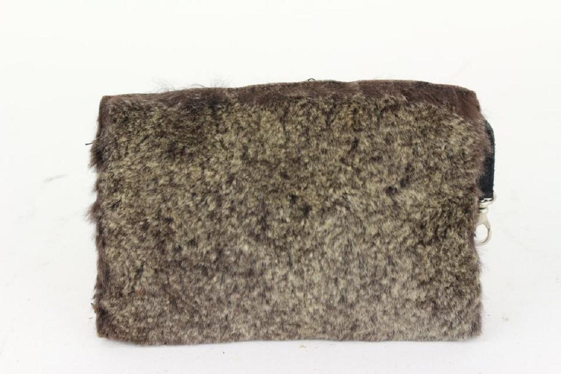 Women's Chanel Grey x Brown Lapin Rabbit Fur Cosmetic Pouch Toiletry Case 930c29