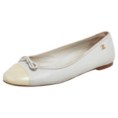 Chanel Grey/Yellow Patent And Leather Cap Toe Bow Ballet Flats Size 37