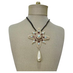 Retro Chanel Gripiox Pendent Choker on Leather Chord with Tear Drop Pearl 