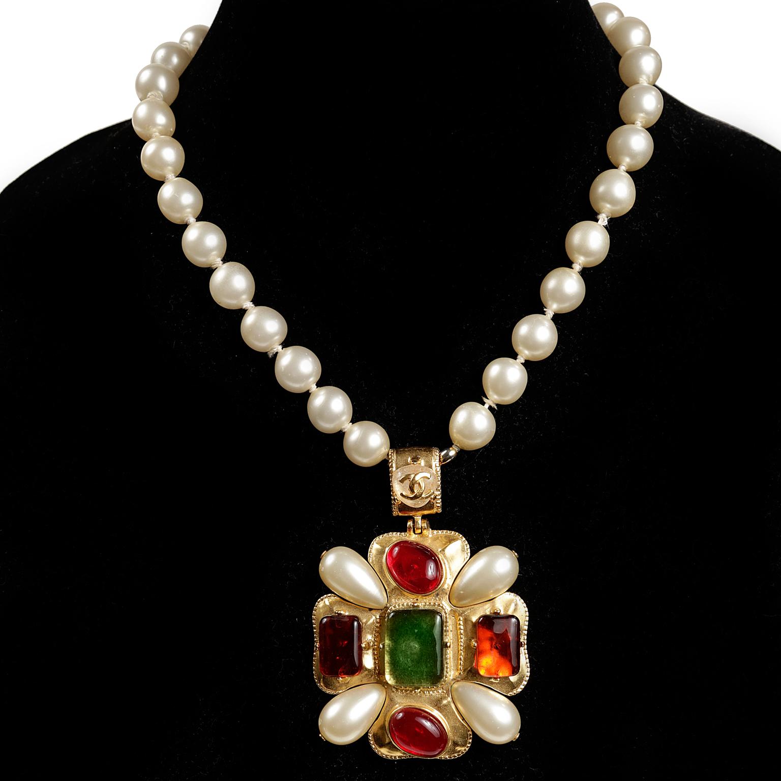 Women's Chanel Gripoix and Pearl Medallion on Pearl Strand Necklace