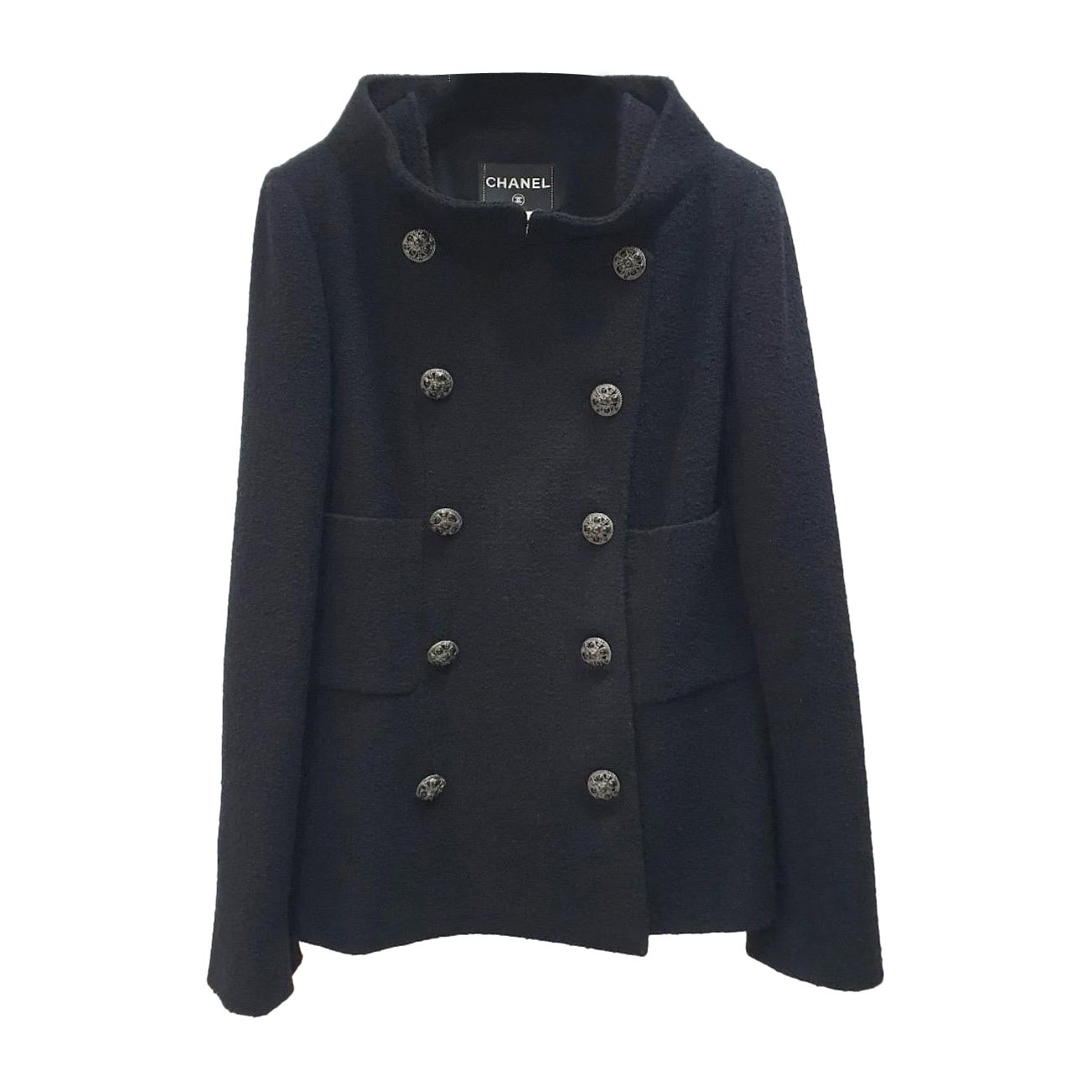 Chanel Veste en tweed noir à boutons Sz.44